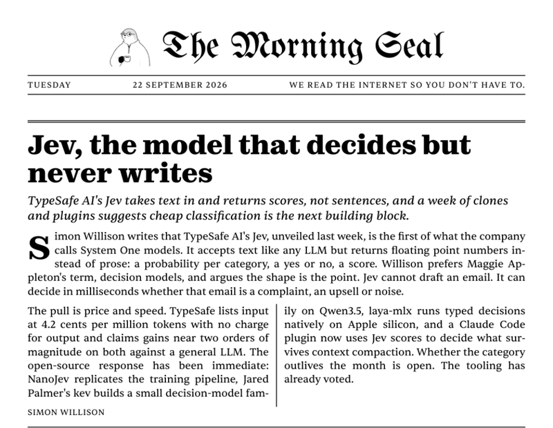 Front page of the prototype: a blackletter masthead, the date, and a lead story set in two columns.